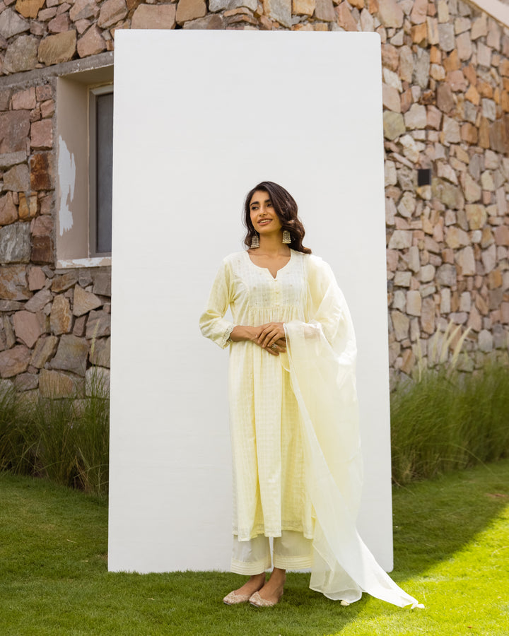 Lemon Yellow Cotton Dobby Complete Suit Set For Women's