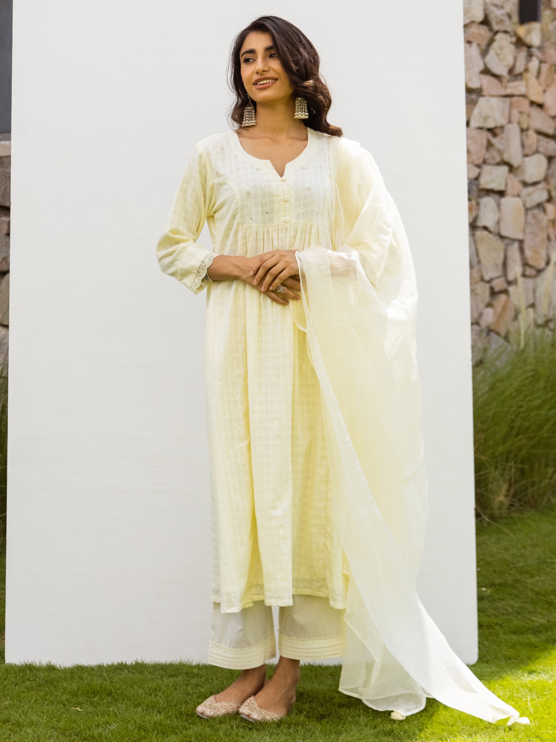Lemon Yellow Cotton Dobby Complete Suit Set For Women's