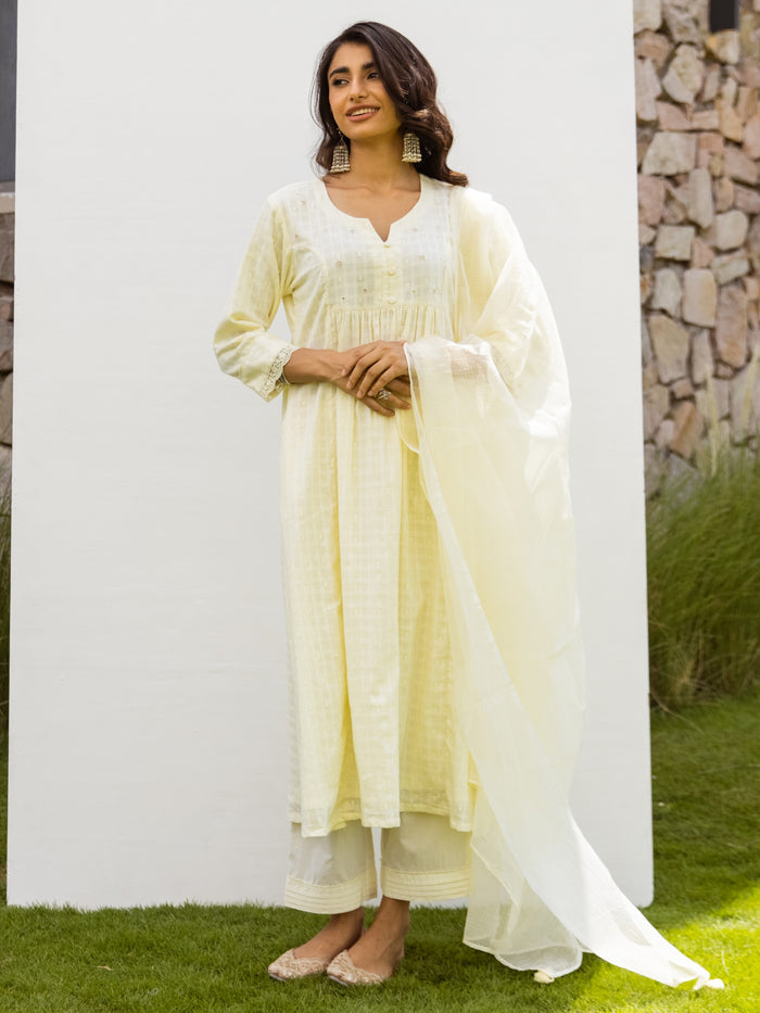 Lemon Yellow Cotton Dobby Complete Suit Set For Women's