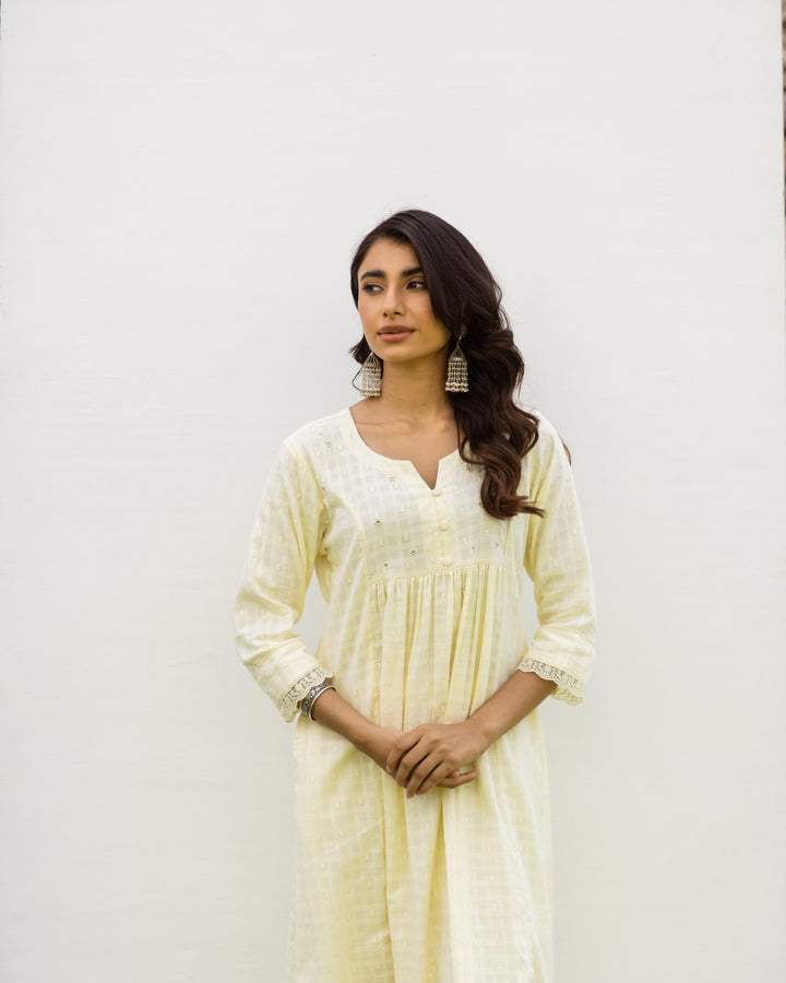 Lemon Yellow Cotton Dobby Complete Suit Set For Women's