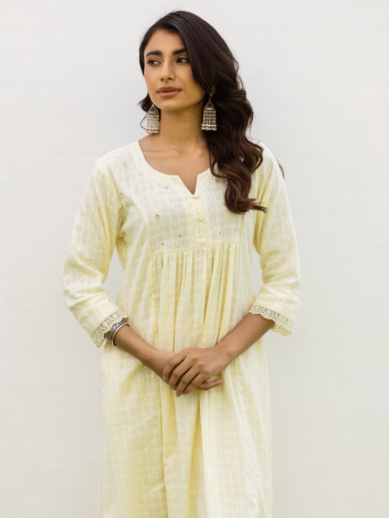 Lemon Yellow Cotton Dobby Complete Suit Set For Women's