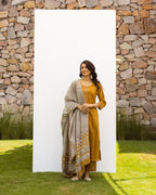 Mustard Cotton Slub Kurta Pant Set For Women's