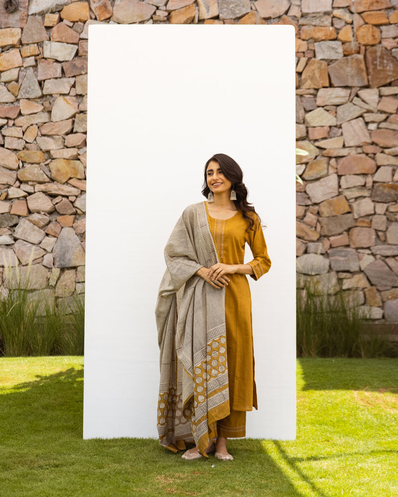 Mustard Cotton Slub Kurta Pant Set For Women's