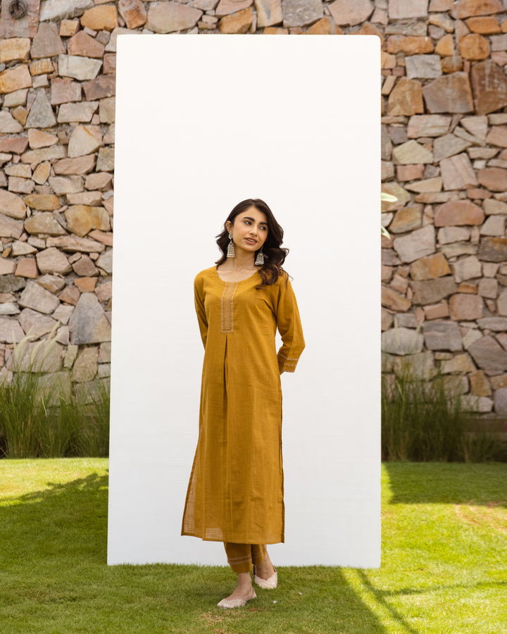Mustard Cotton Slub Kurta Pant Set For Women's