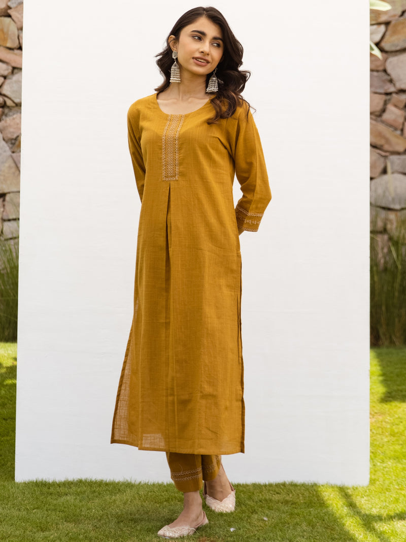 Mustard Cotton Slub Kurta Pant Set For Women's