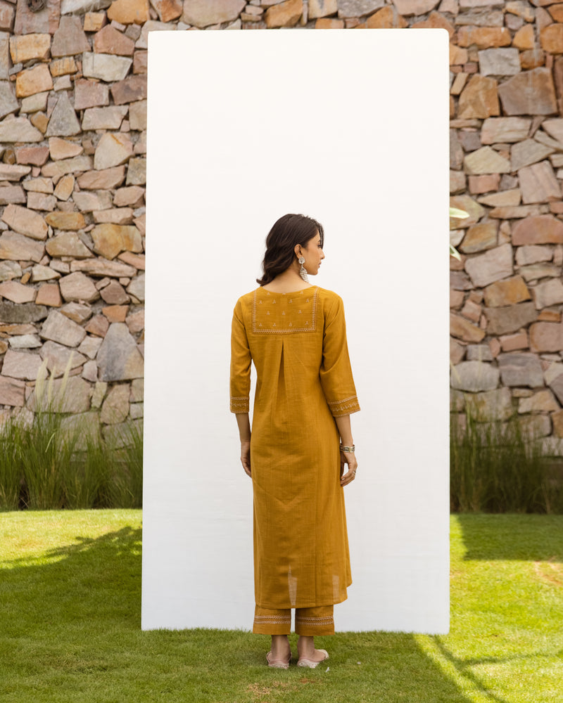 Mustard Cotton Slub Kurta Pant Set For Women's