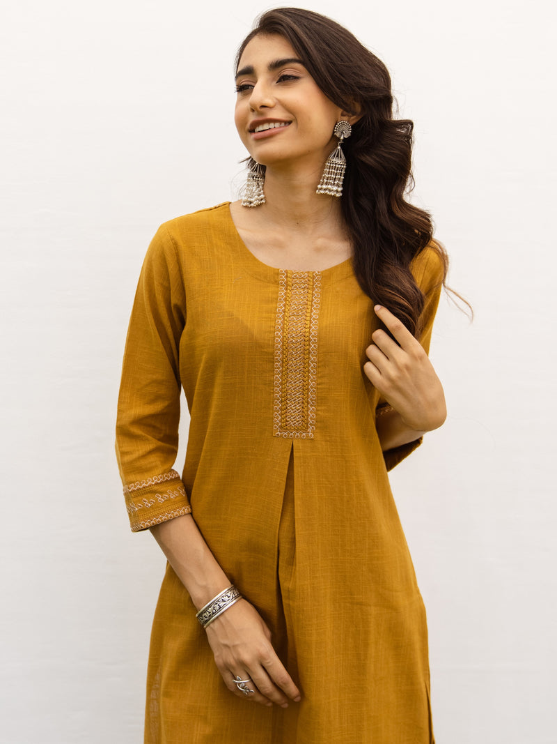 Mustard Cotton Slub Kurta Pant Set For Women's