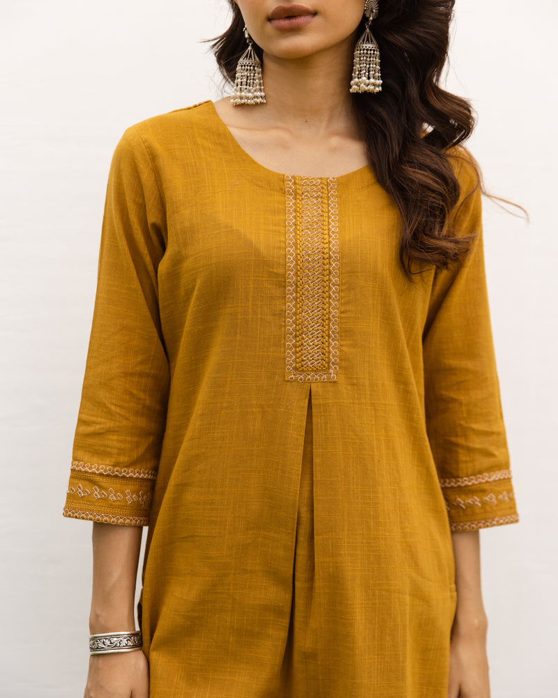 Mustard Cotton Slub Kurta Pant Set For Women's