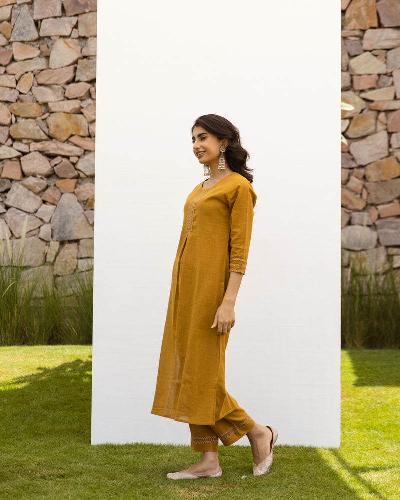 Mustard Cotton Slub Kurta Pant Set For Women's