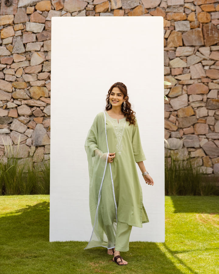 Soft Green South Handloom Complete Suit Set For Women's