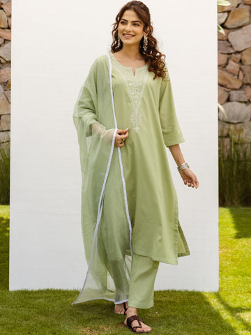 Soft Green South Handloom Complete Suit Set For Women's