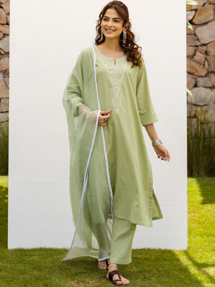 Soft Green South Handloom Complete Suit Set For Women's