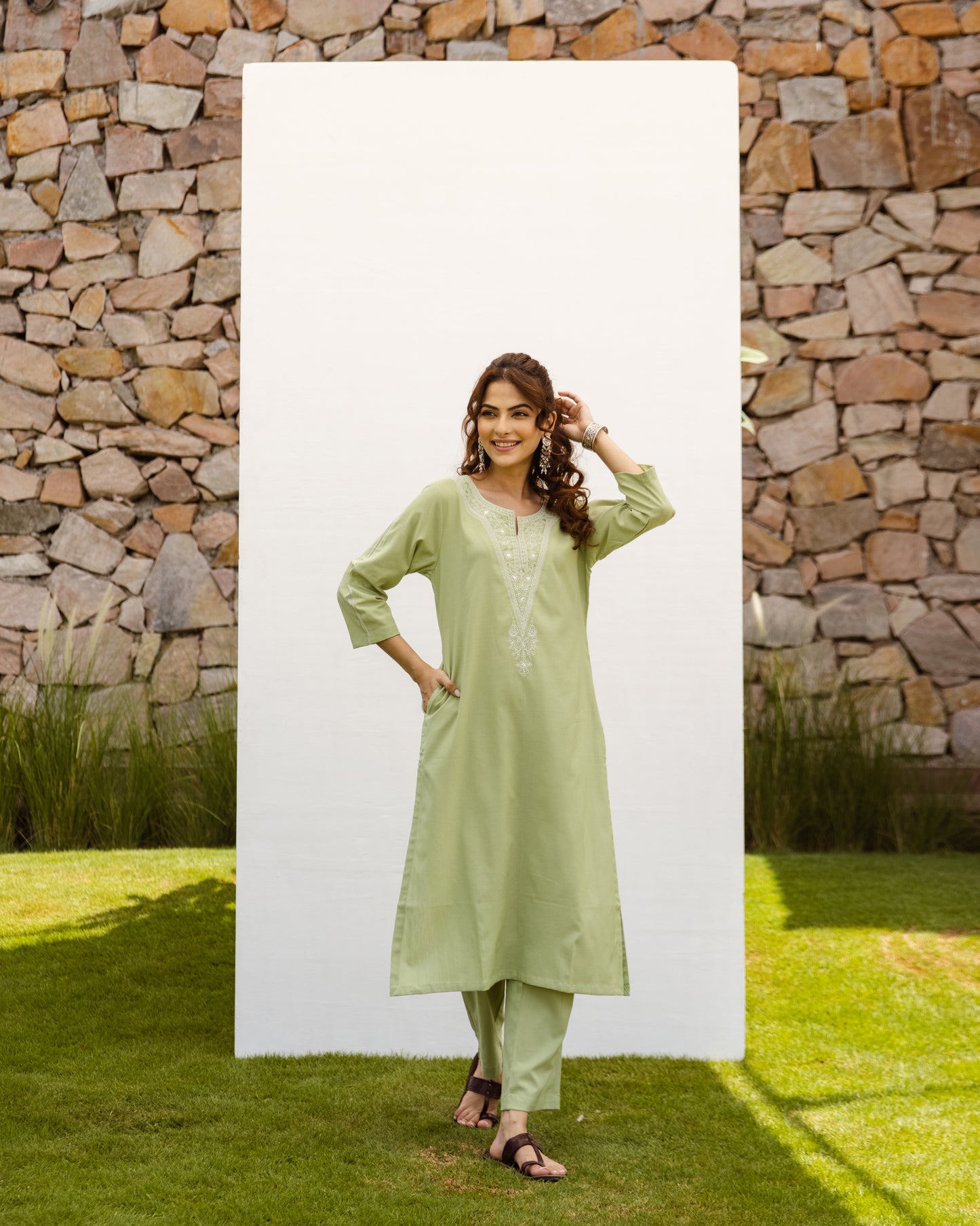 Soft Green South Handloom Complete Suit Set For Women's