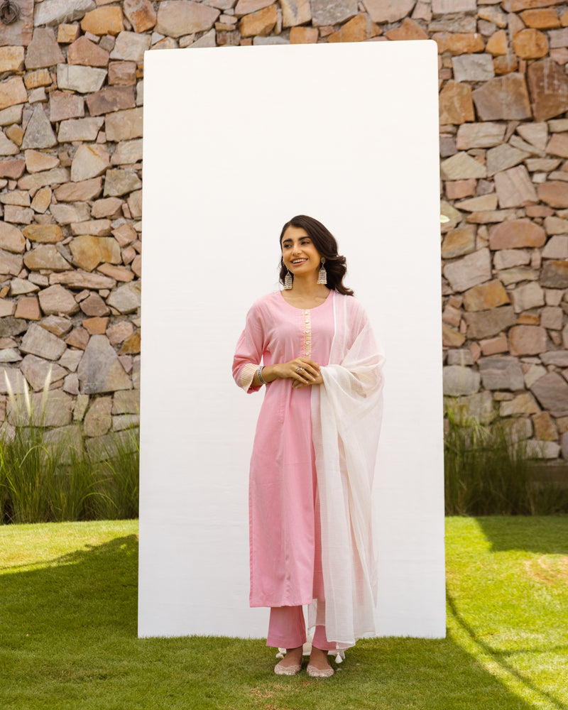 Pink Cotton Flax Round Neck Kurta Pant Set For Women's