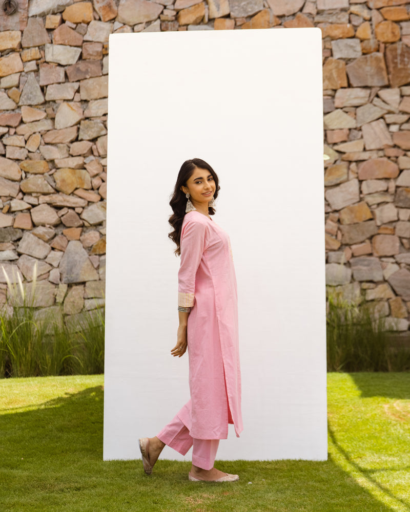Pink Cotton Flax Round Neck Kurta Pant Set For Women's