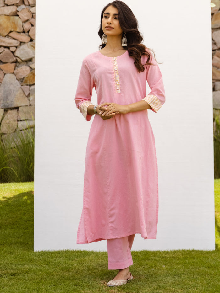 Pink Cotton Flax Round Neck Kurta Pant Set For Women's