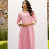 Pink Cotton Flax Round Neck Kurta Pant Set For Women's