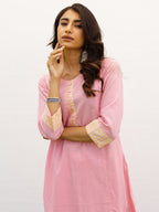 Pink Cotton Flax Round Neck Kurta Pant Set For Women's
