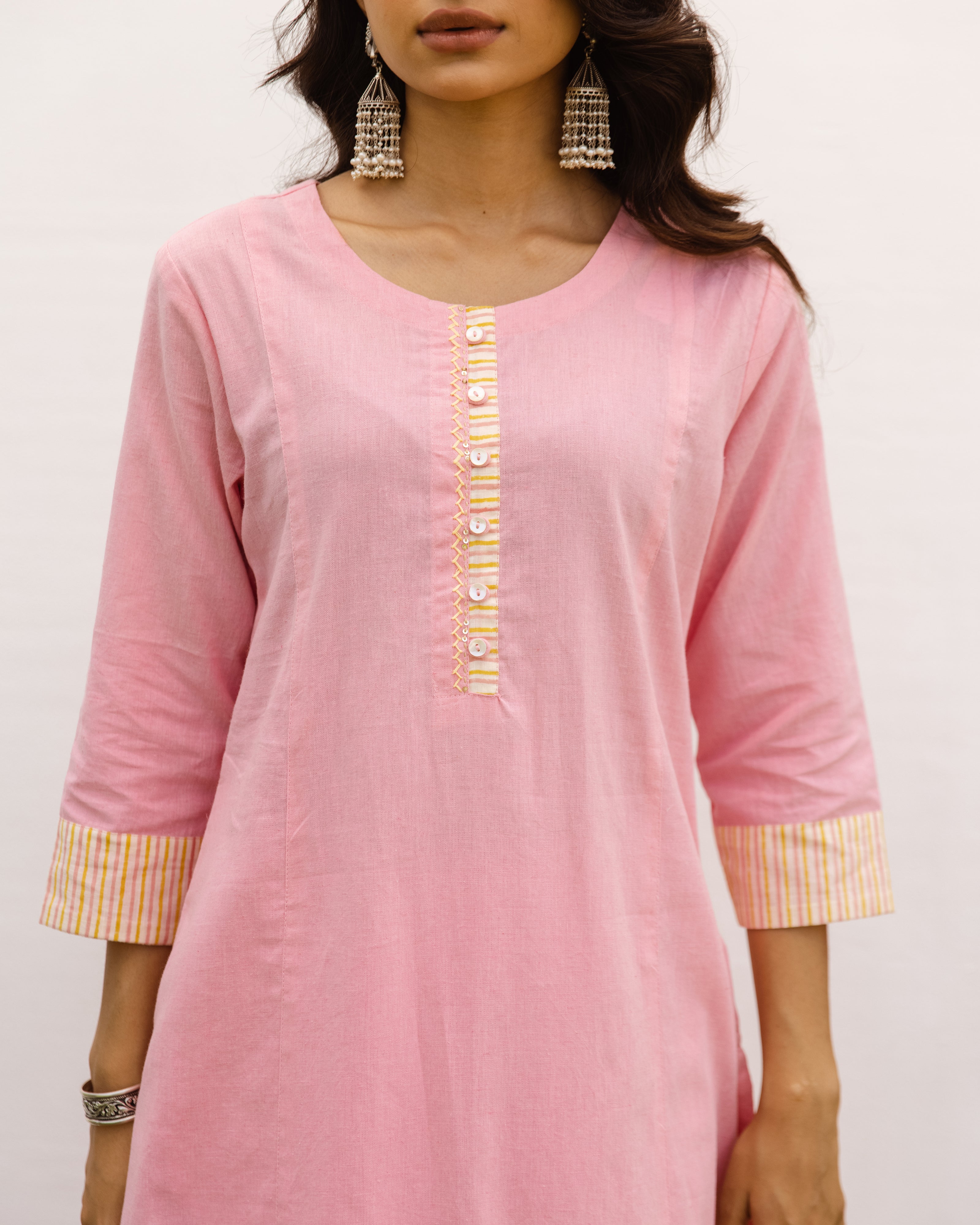Pink Cotton Flax Round Neck Kurta Pant Set For Women's