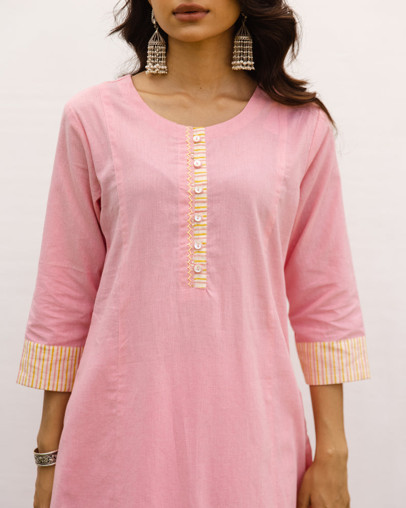 Pink Cotton Flax Round Neck Kurta Pant Set For Women's