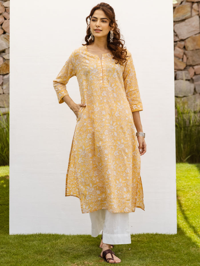 Soft Yellow Cotton Round Neck Printed Kurta For Women's