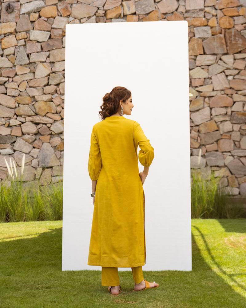 Mustard Cotton Handloom Kurta Pant Set For Women's