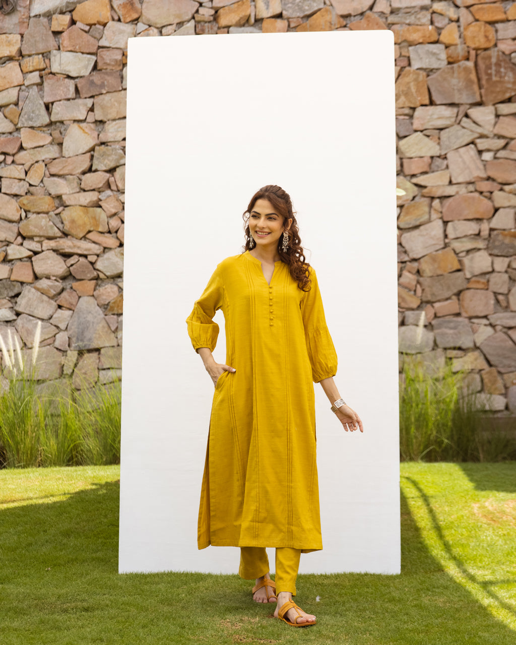 Mustard Cotton Handloom Kurta Pant Set For Women's