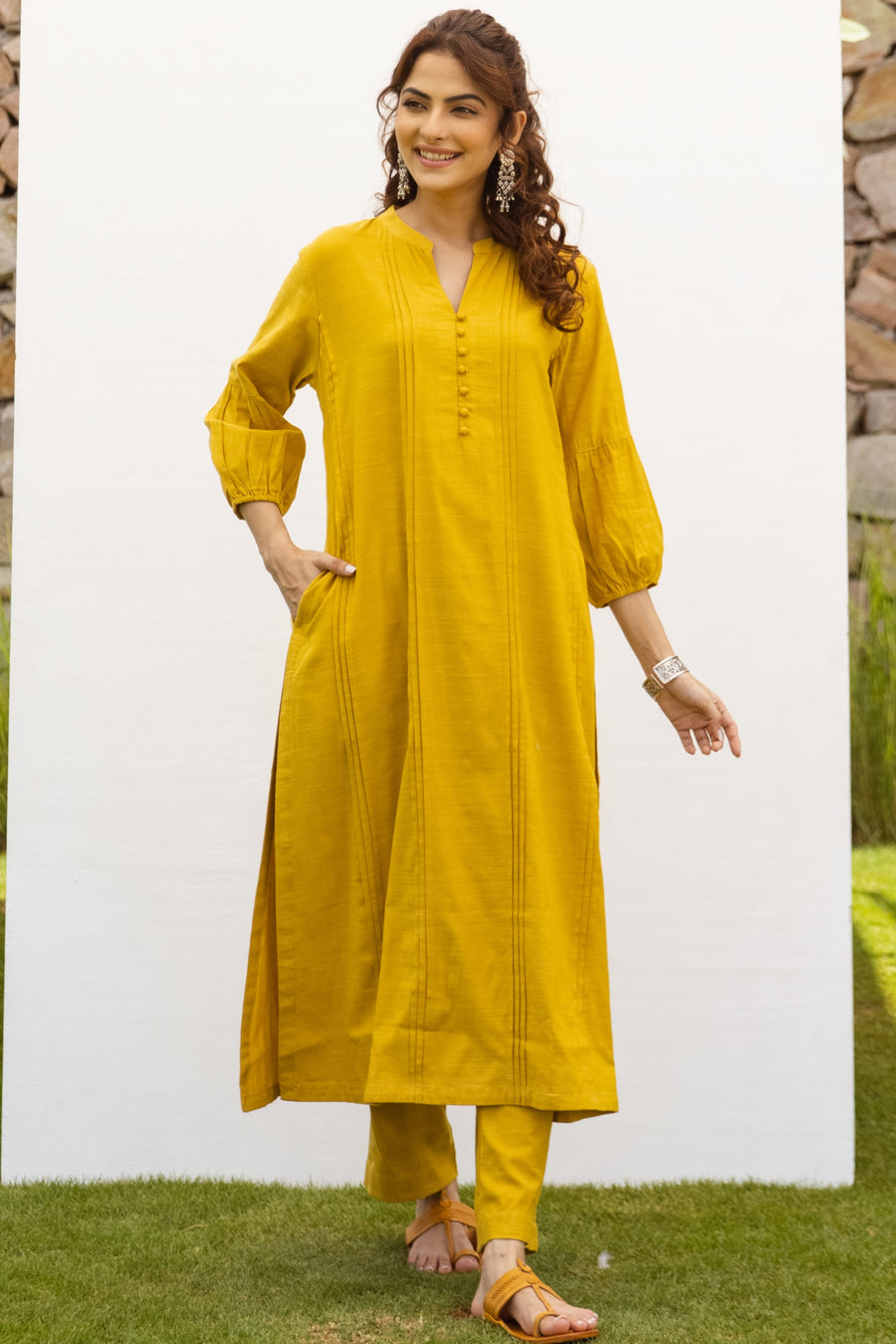 Mustard Cotton Handloom Kurta Pant Set For Women's