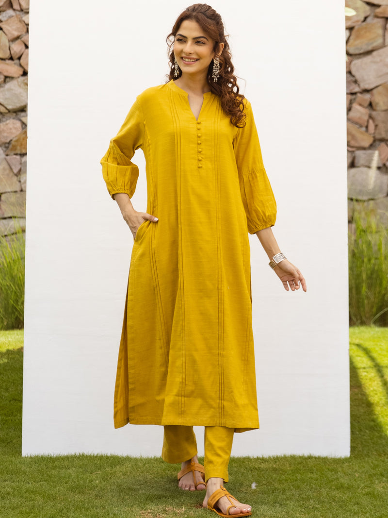 Mustard Cotton Handloom Kurta Pant Set For Women's