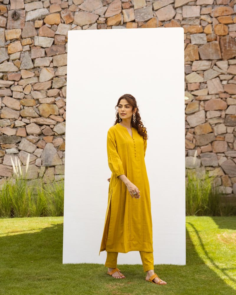 Mustard Cotton Handloom Kurta Pant Set For Women's