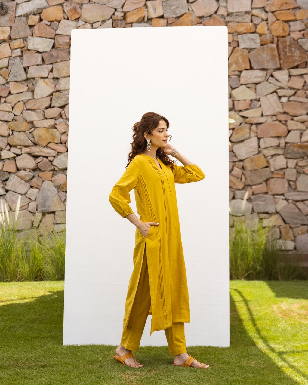 Mustard Cotton Handloom Kurta Pant Set For Women's