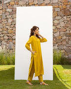 Mustard Cotton Handloom Kurta Pant Set For Women's