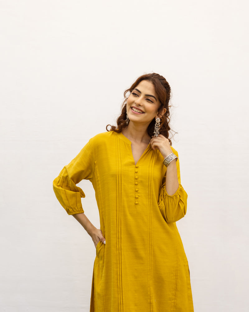 Mustard Cotton Handloom Kurta Pant Set For Women's
