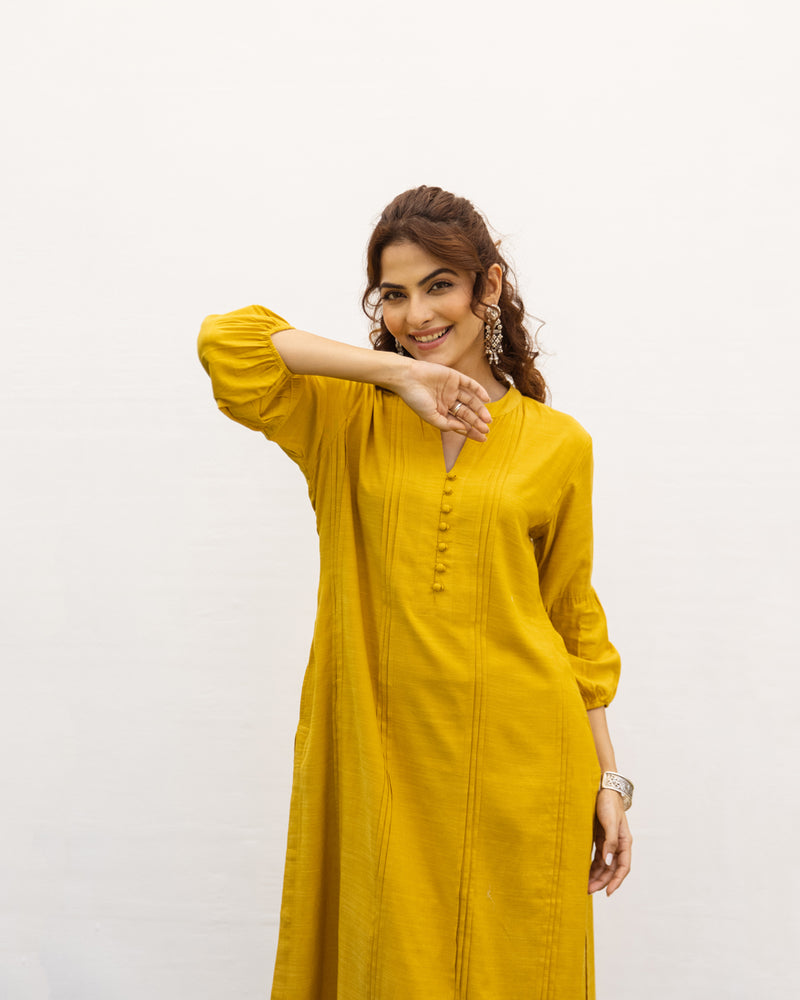 Mustard Cotton Handloom Kurta Pant Set For Women's