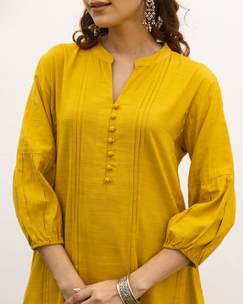 Mustard Cotton Handloom Kurta Pant Set For Women's