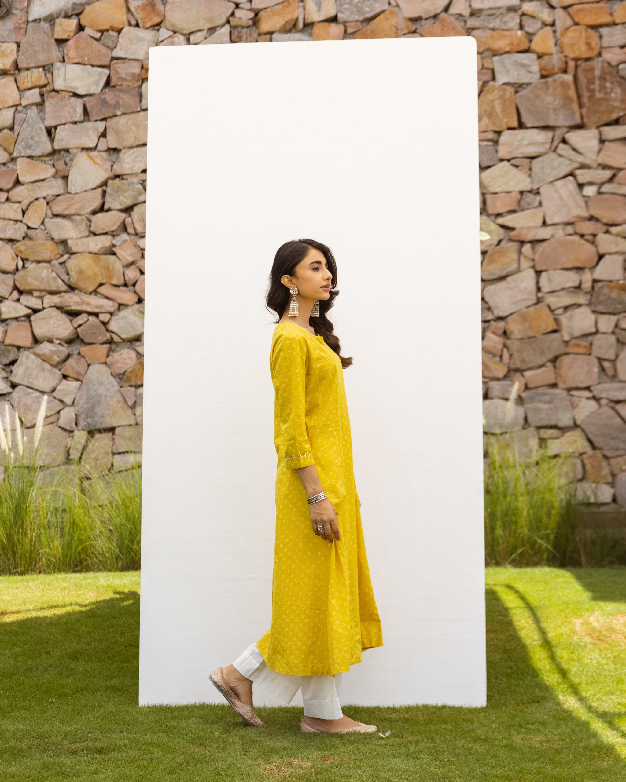 Yellow Cotton Printed Kurta For Women's