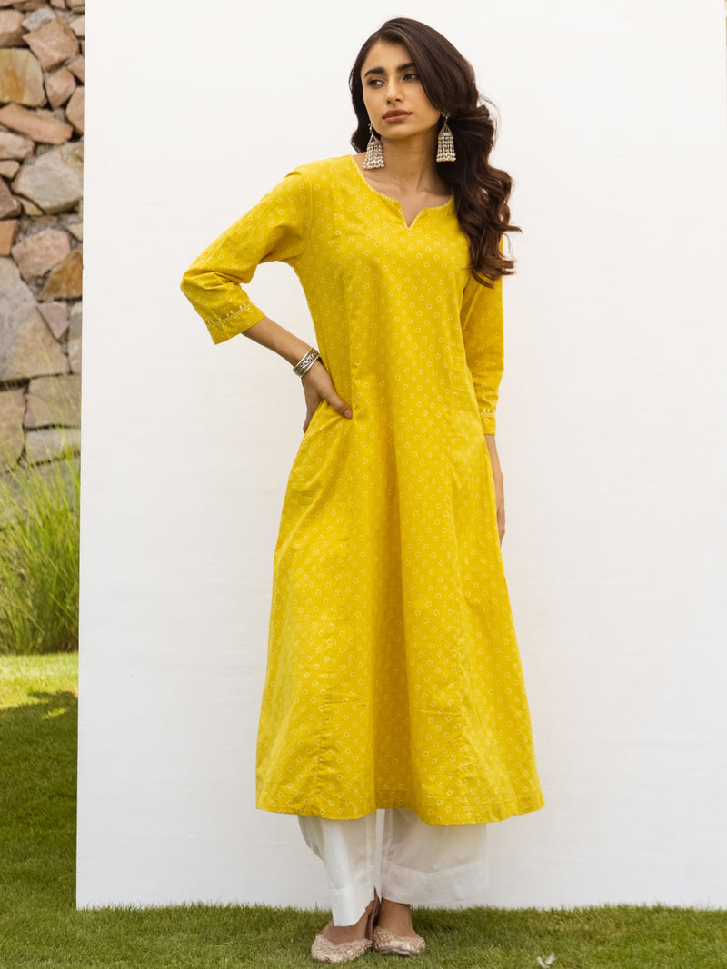 Yellow Cotton Printed Kurta For Women's