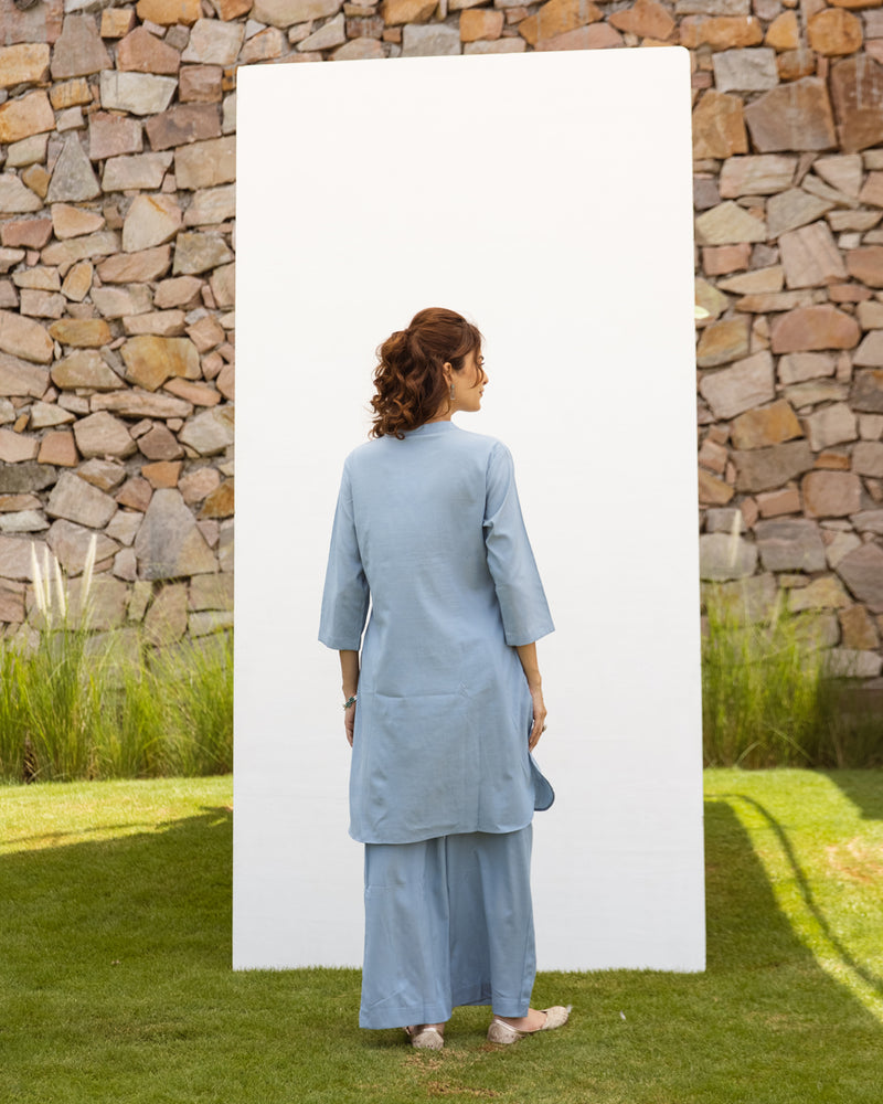 Powder Blue Cotton handloom Kurta Pant Set For Women's