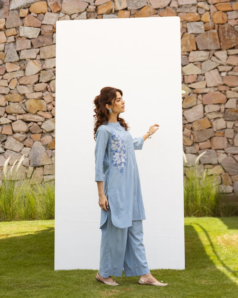 Powder Blue Cotton handloom Kurta Pant Set For Women's