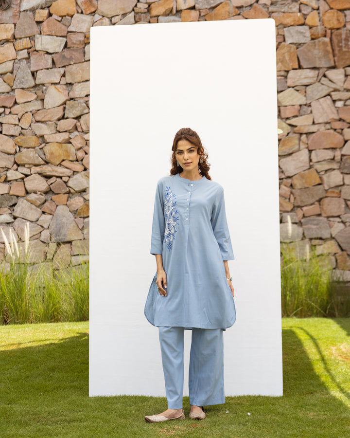 Powder Blue Cotton handloom Kurta Pant Set For Women's