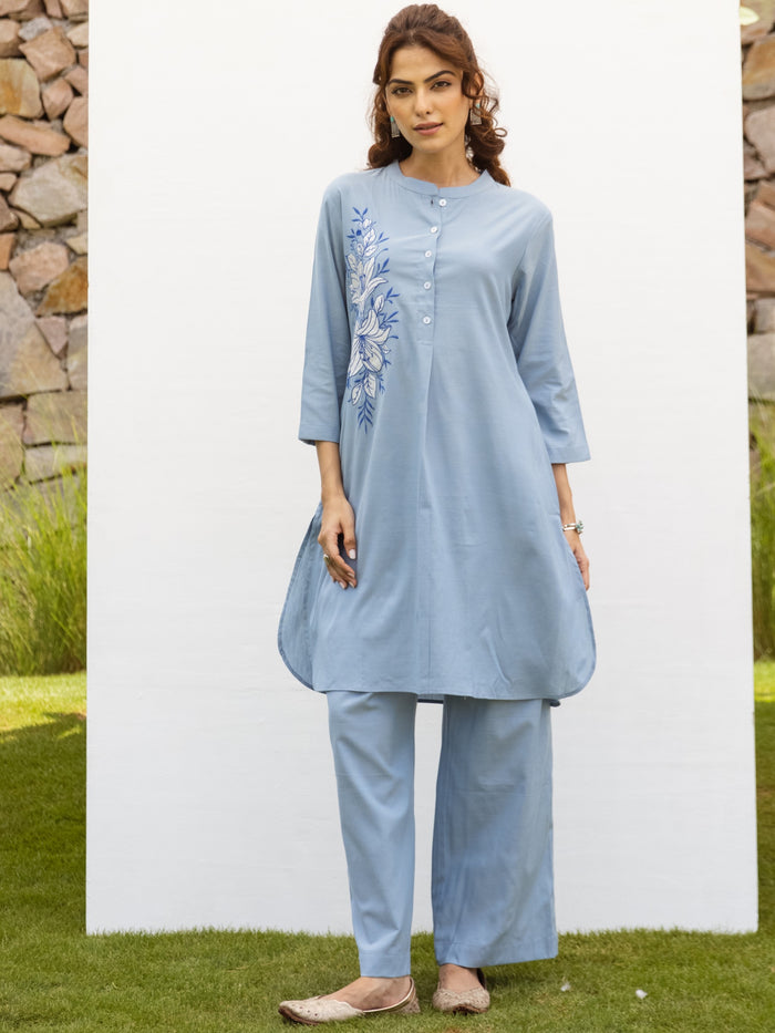 Powder Blue Cotton handloom Kurta Pant Set For Women's