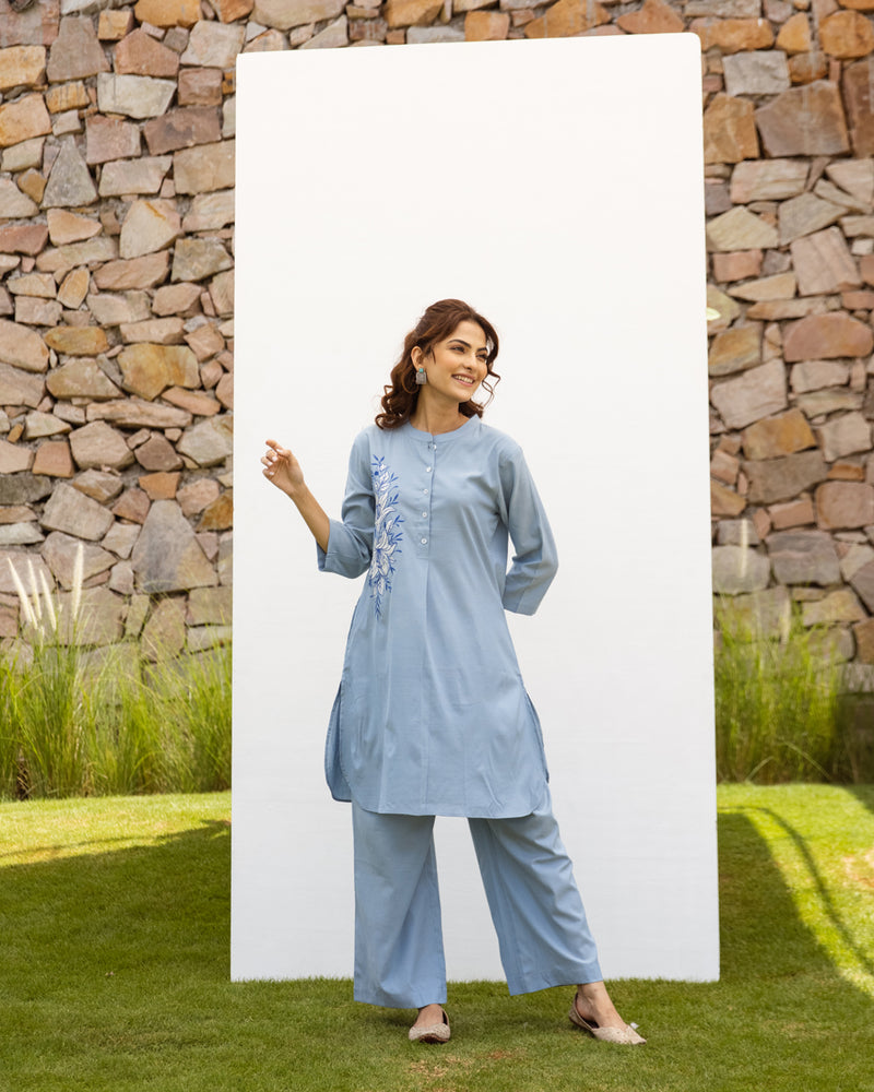 Powder Blue Cotton handloom Kurta Pant Set For Women's