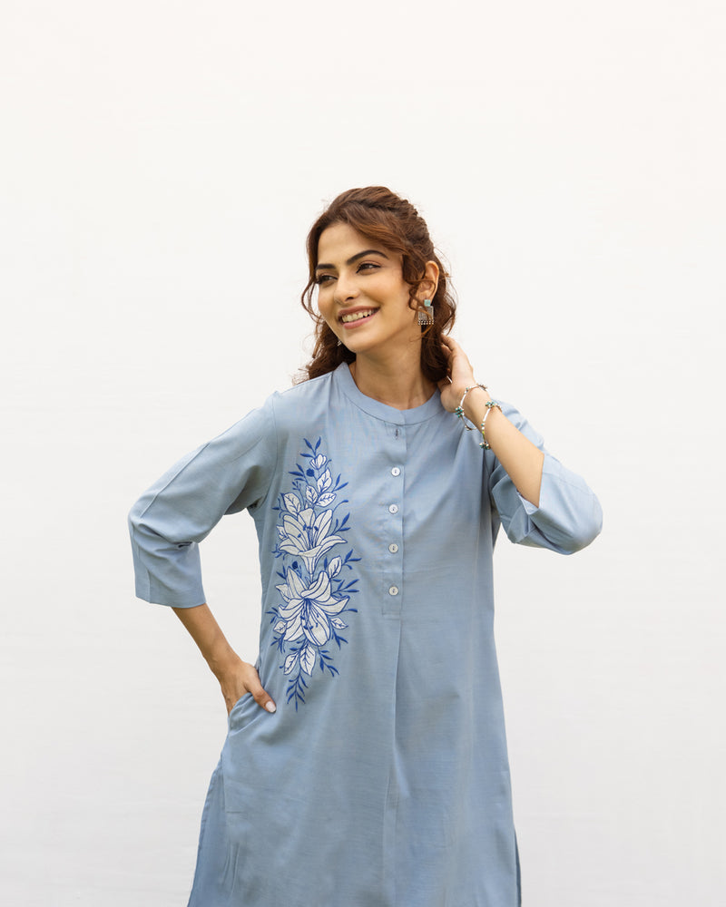 Powder Blue Cotton handloom Kurta Pant Set For Women's