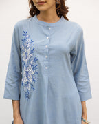 Powder Blue Cotton handloom Kurta Pant Set For Women's