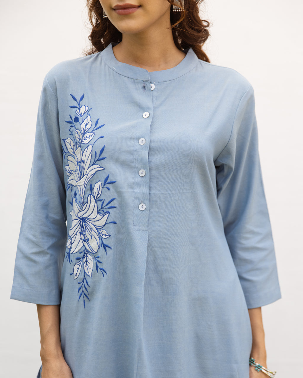 Powder Blue Cotton handloom Kurta Pant Set For Women's