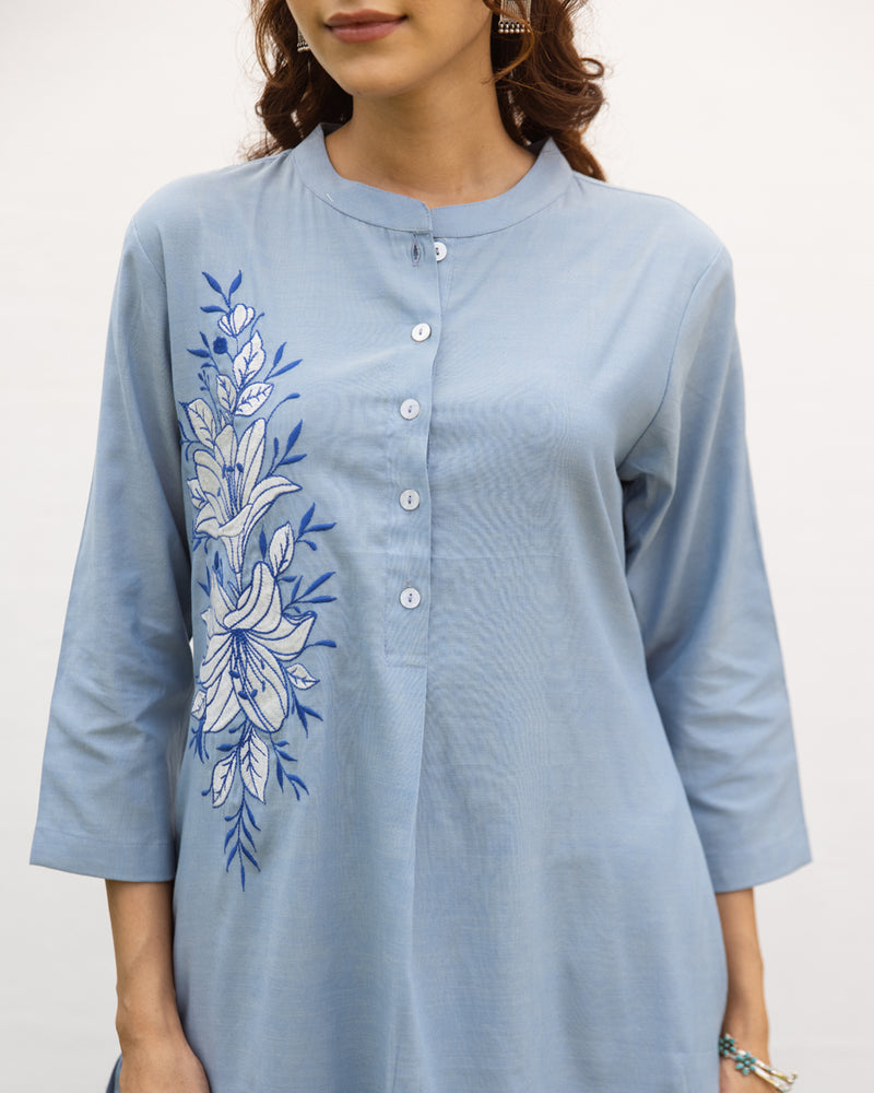 Powder Blue Cotton handloom Kurta Pant Set For Women's