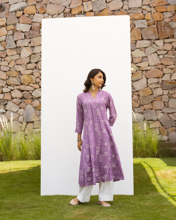 Lavender Cotton Handloom V-Neck Kurta For Women's
