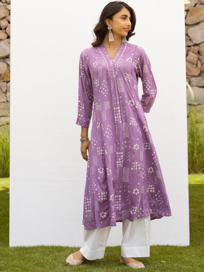 Lavender Cotton Handloom V-Neck Kurta For Women's