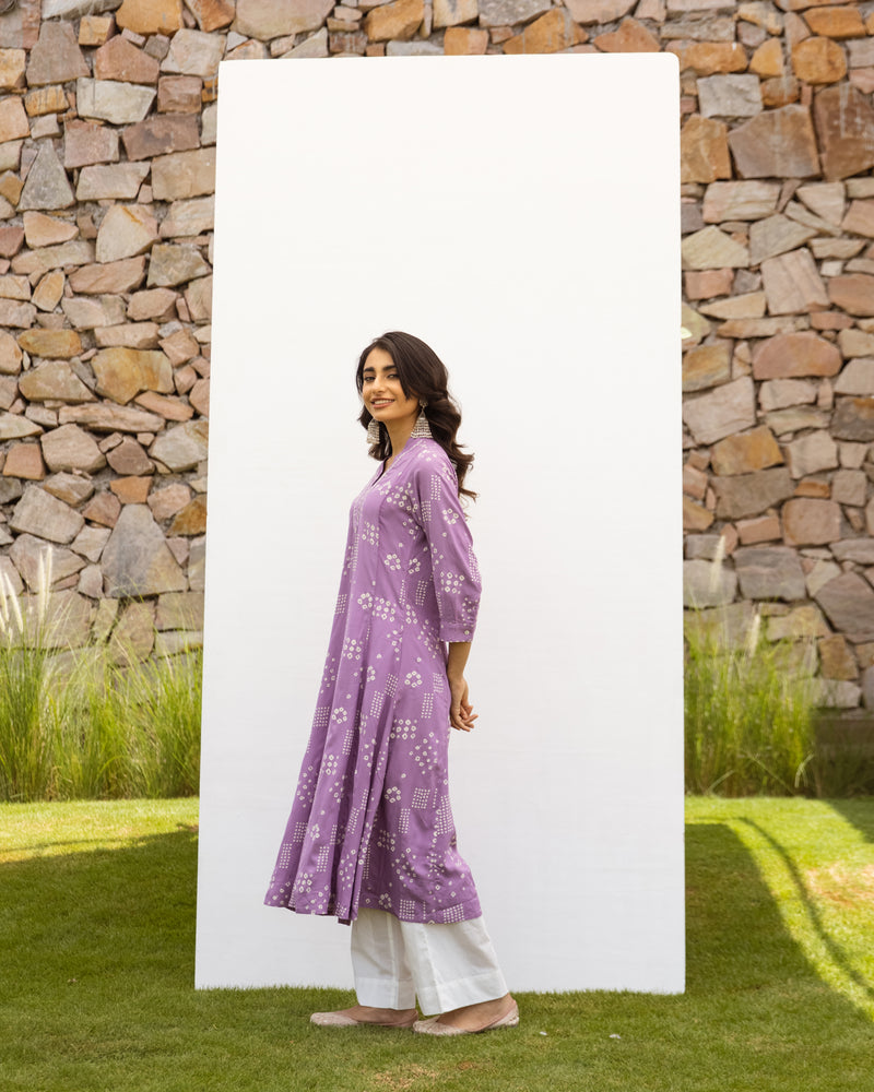 Lavender Cotton Handloom V-Neck Kurta For Women's