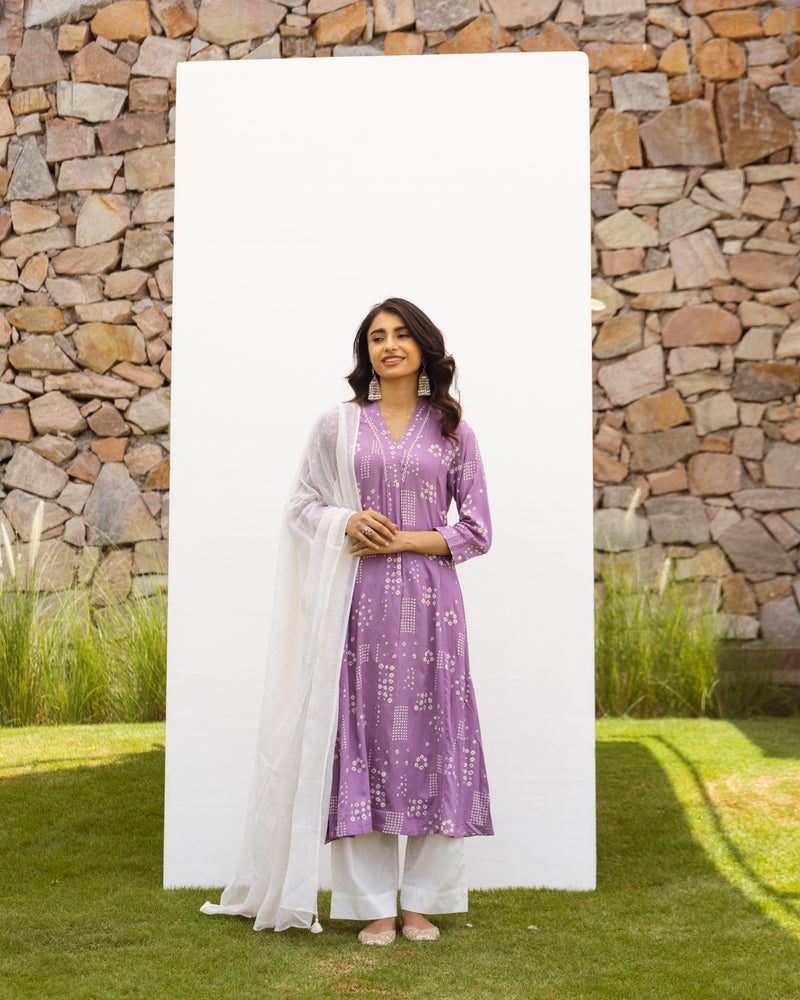 Lavender Cotton Handloom V-Neck Kurta For Women's